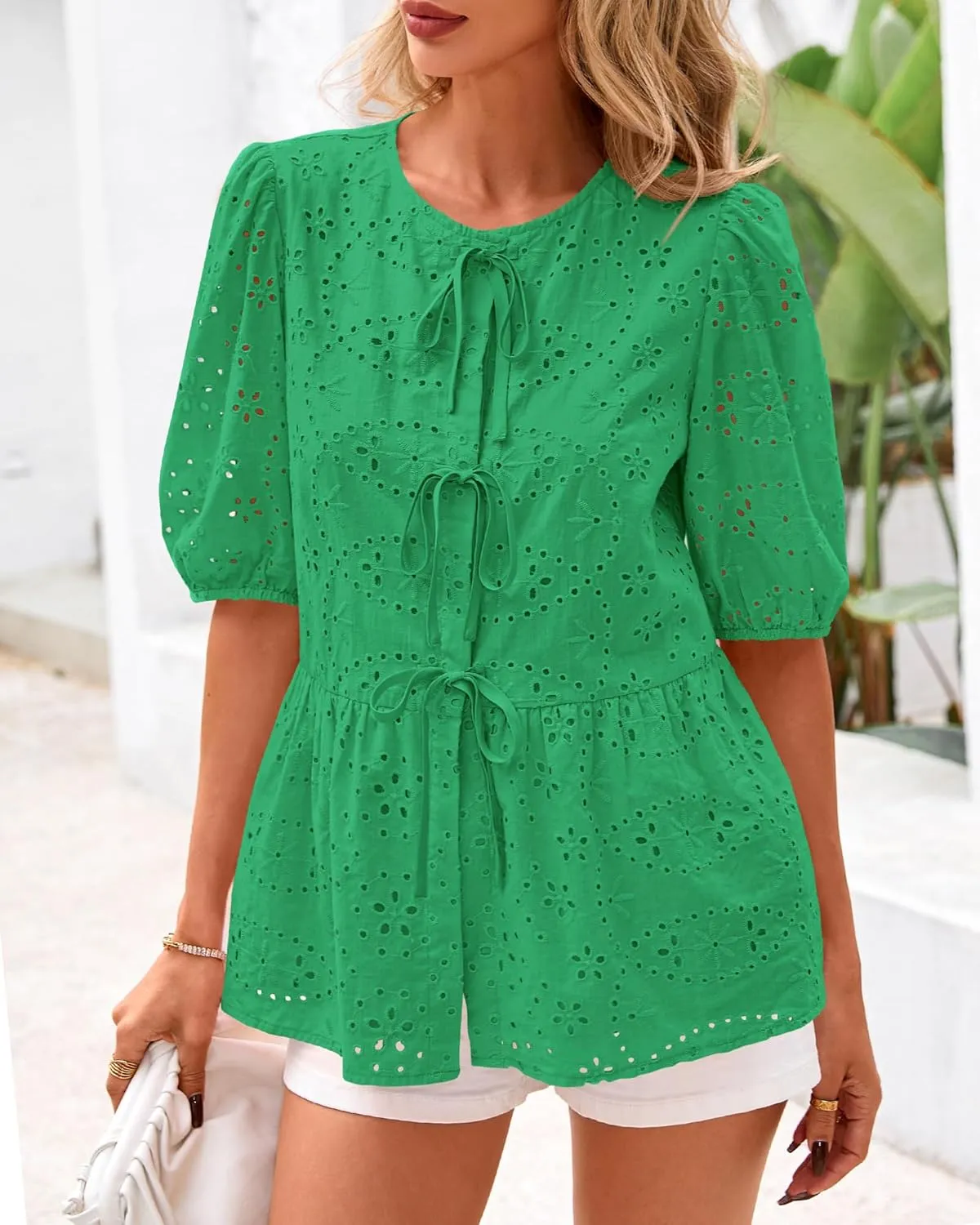 KIRUNDO Womens Tops Dressy Casual Tie Front Shirts Short Lantern Sleeve Hollow Out Lace Embroidered Babydoll Blouses