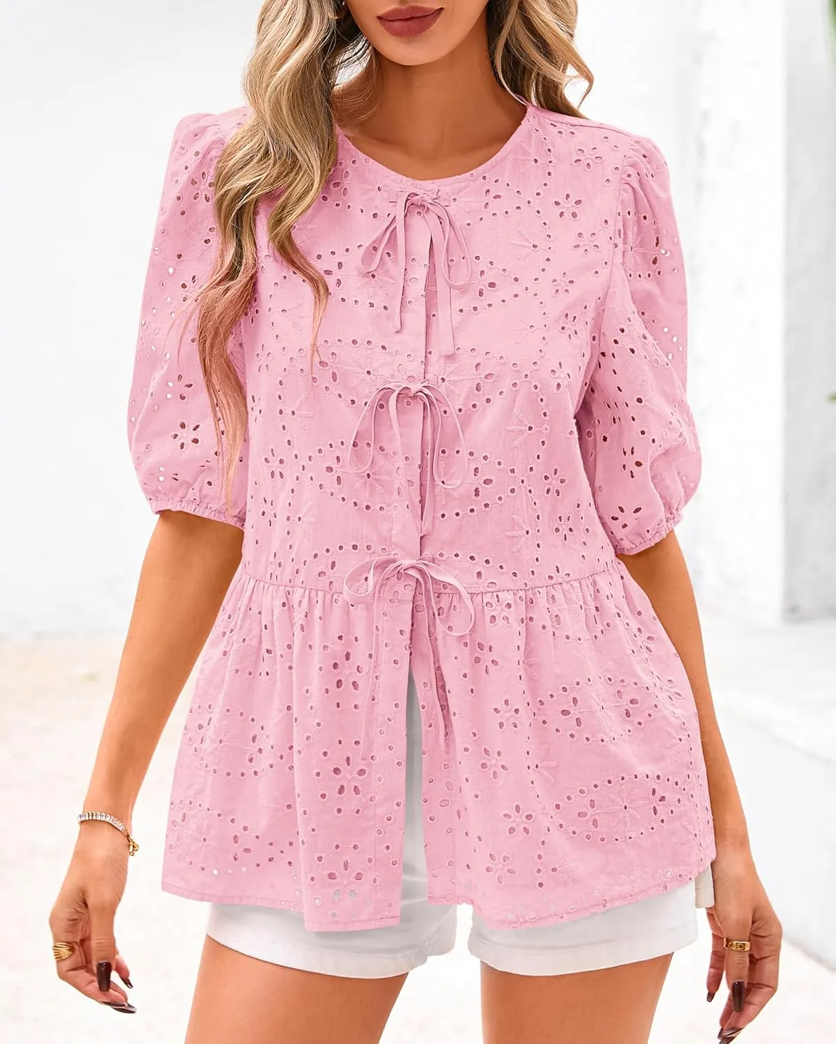 KIRUNDO Womens Tops Dressy Casual Tie Front Shirts Short Lantern Sleeve Hollow Out Lace Embroidered Babydoll Blouses