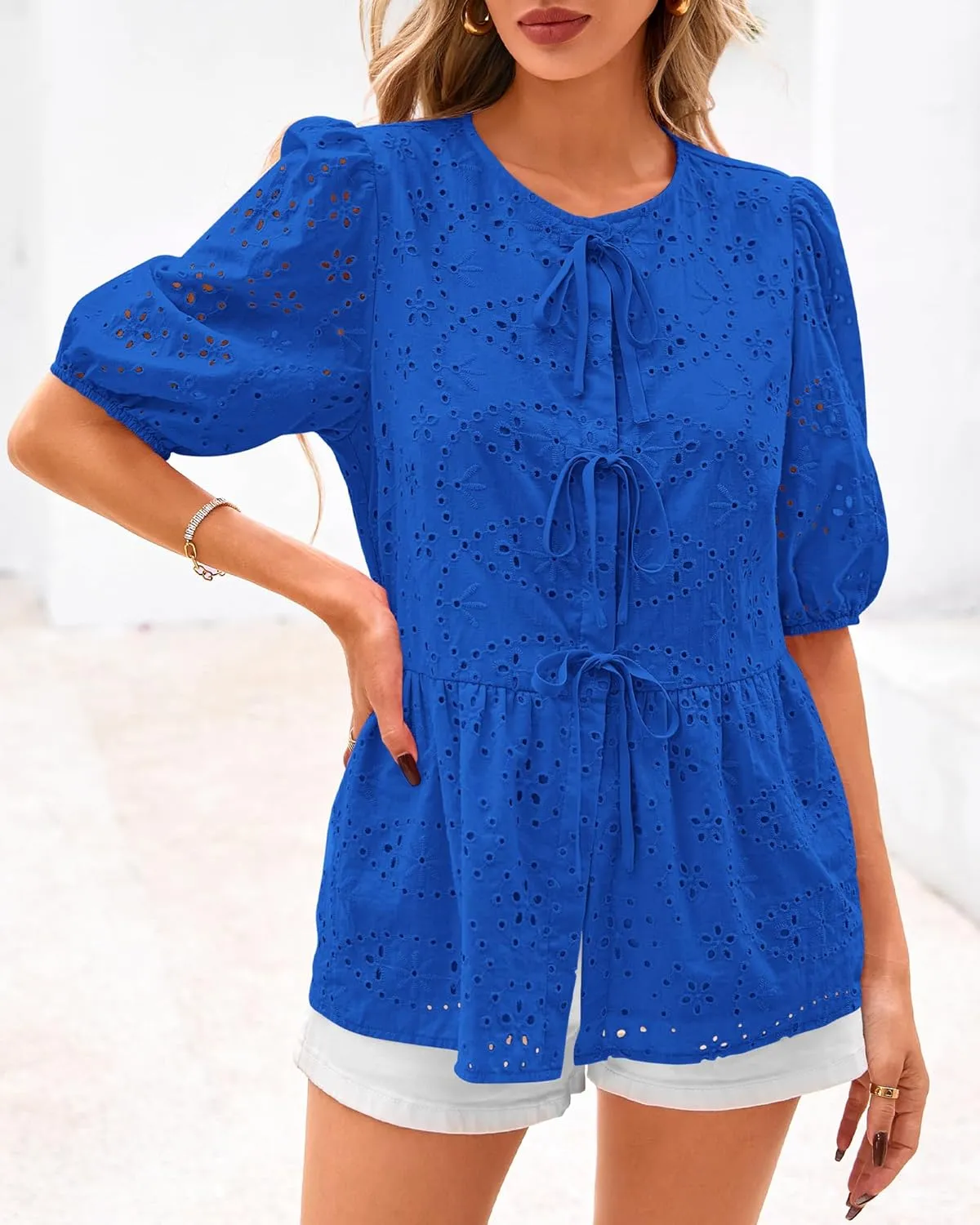 KIRUNDO Womens Tops Dressy Casual Tie Front Shirts Short Lantern Sleeve Hollow Out Lace Embroidered Babydoll Blouses