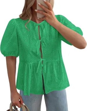 KIRUNDO Womens Tops Dressy Casual Tie Front Shirts Short Lantern Sleeve Hollow Out Lace Embroidered Babydoll Blouses