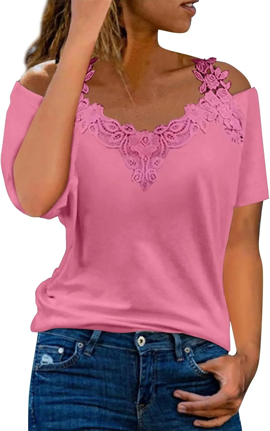 Lace Crochet Camisole Tops for Women Summer Cold Shoulder Short Sleeve V Neck T Shirts Casual Sexy Elegant Blouses