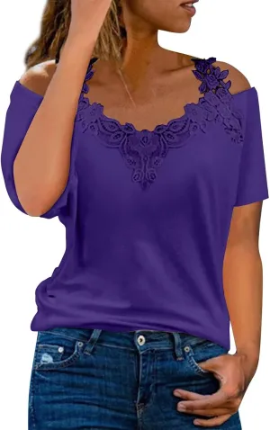 Lace Crochet Camisole Tops for Women Summer Cold Shoulder Short Sleeve V Neck T Shirts Casual Sexy Elegant Blouses