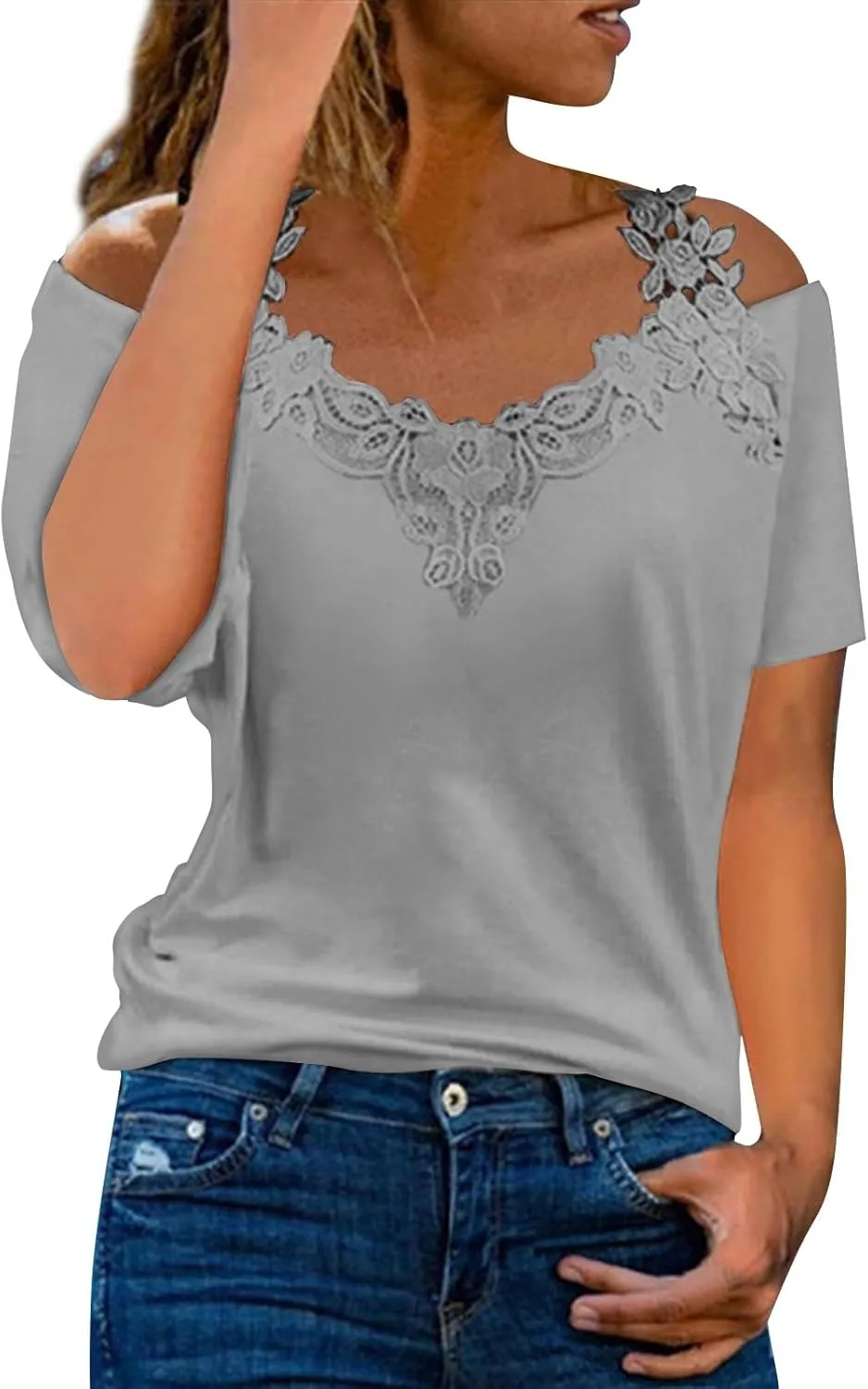 Lace Crochet Camisole Tops for Women Summer Cold Shoulder Short Sleeve V Neck T Shirts Casual Sexy Elegant Blouses