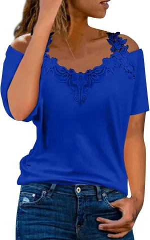 Lace Crochet Camisole Tops for Women Summer Cold Shoulder Short Sleeve V Neck T Shirts Casual Sexy Elegant Blouses