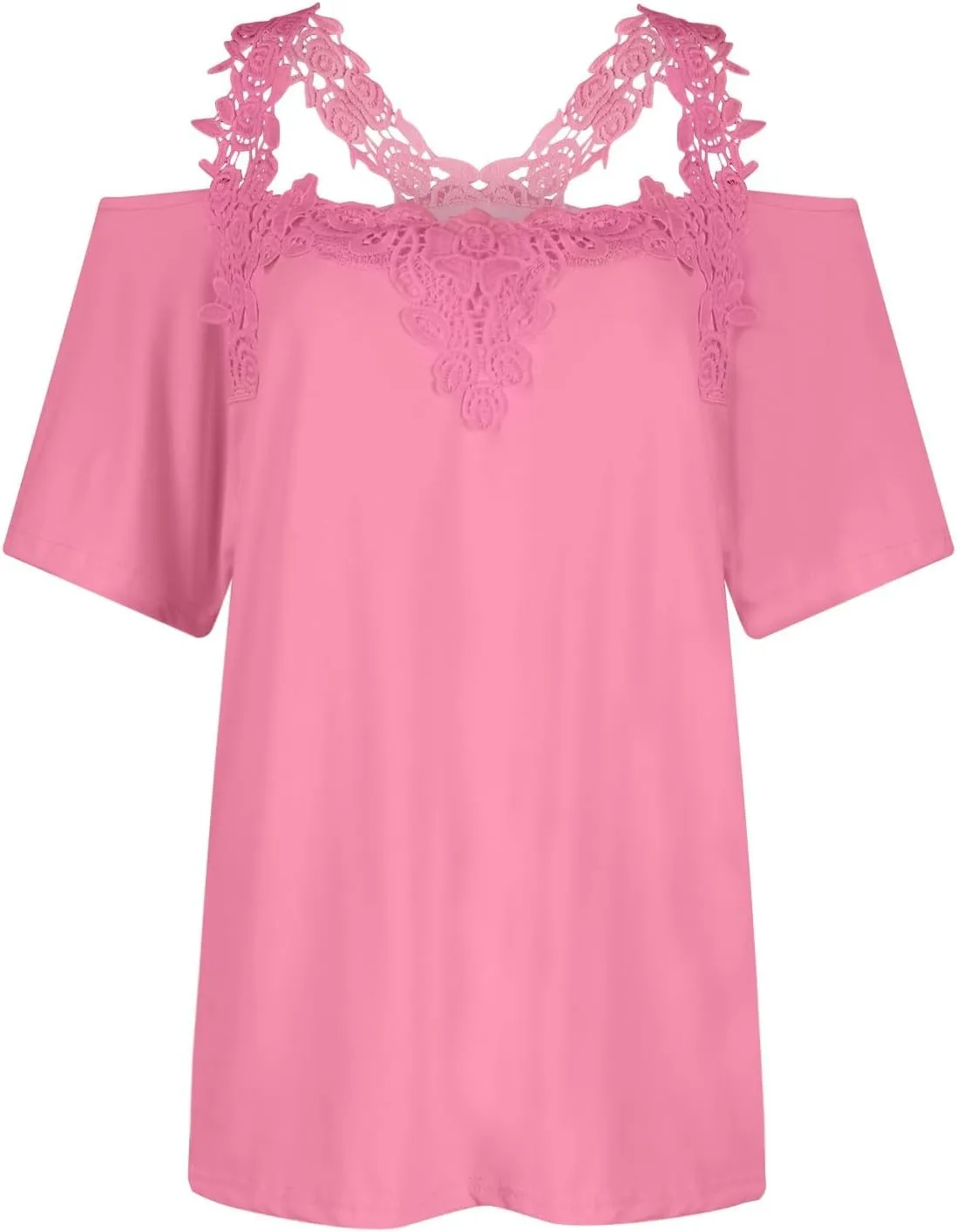 Lace Crochet Camisole Tops for Women Summer Cold Shoulder Short Sleeve V Neck T Shirts Casual Sexy Elegant Blouses
