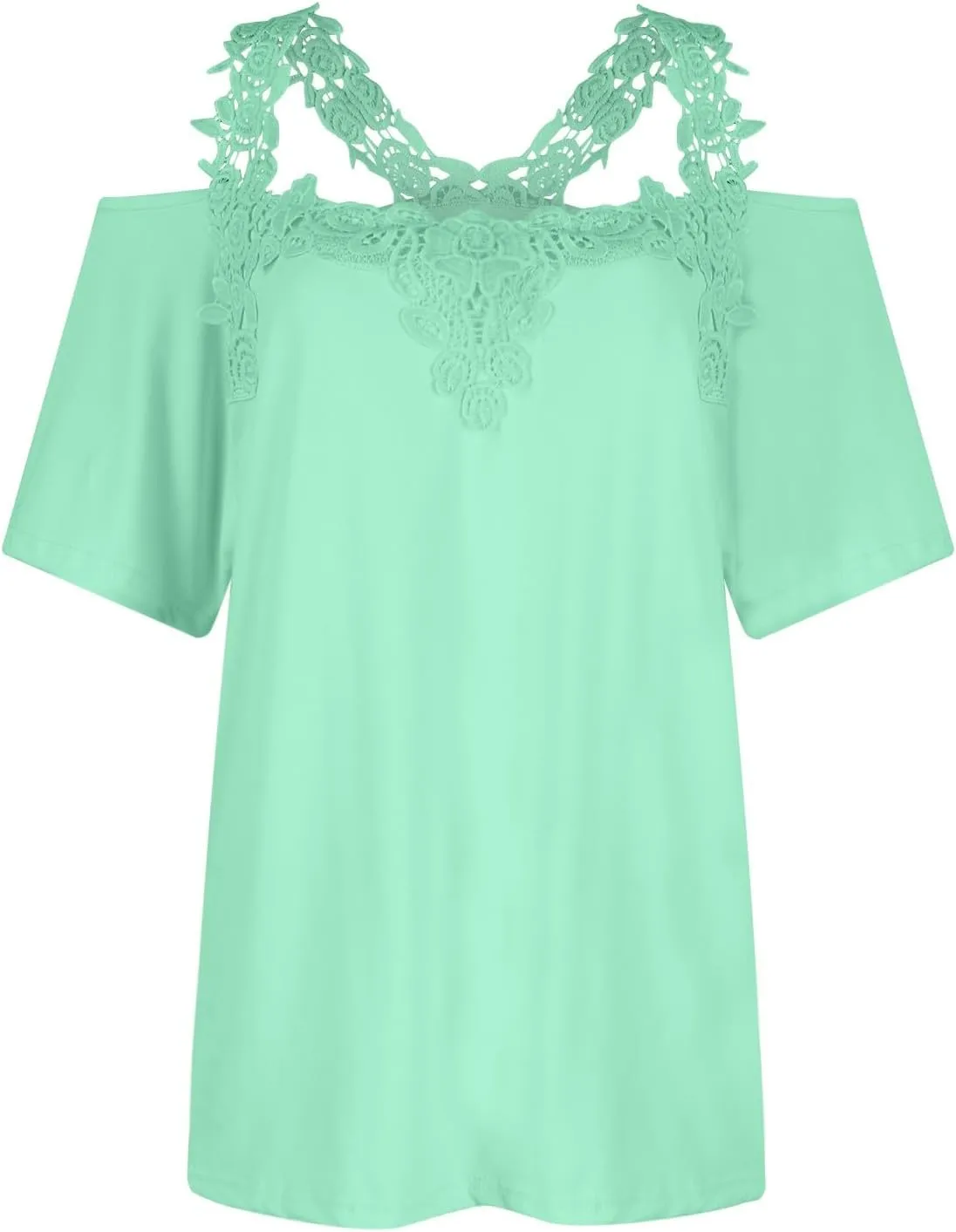 Lace Crochet Camisole Tops for Women Summer Cold Shoulder Short Sleeve V Neck T Shirts Casual Sexy Elegant Blouses