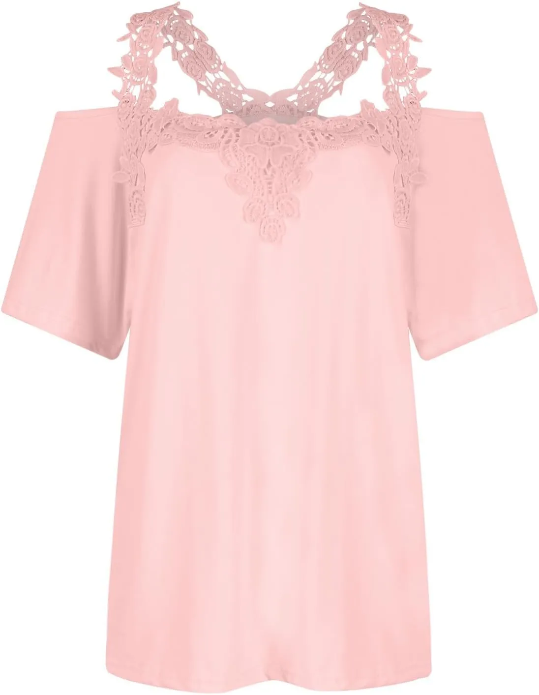 Lace Crochet Camisole Tops for Women Summer Cold Shoulder Short Sleeve V Neck T Shirts Casual Sexy Elegant Blouses