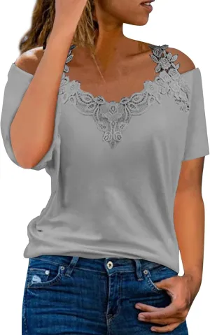 Lace Crochet Camisole Tops for Women Summer Cold Shoulder Short Sleeve V Neck T Shirts Casual Sexy Elegant Blouses