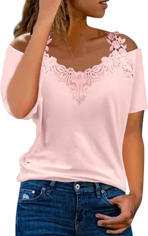 Lace Crochet Camisole Tops for Women Summer Cold Shoulder Short Sleeve V Neck T Shirts Casual Sexy Elegant Blouses