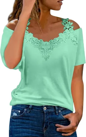 Lace Crochet Camisole Tops for Women Summer Cold Shoulder Short Sleeve V Neck T Shirts Casual Sexy Elegant Blouses