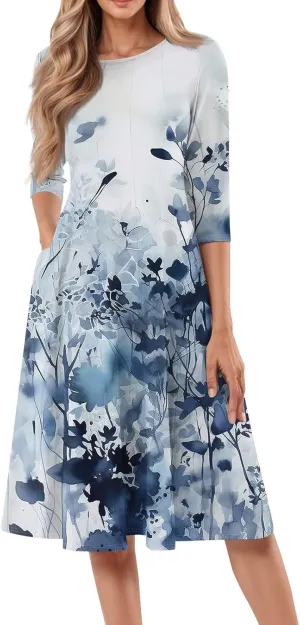 Ladies Floral Lightweight Dress Midi Breathable Beachwear Sleevelesss Vacation A-Line Weddings Pockets, Fashion Dresses