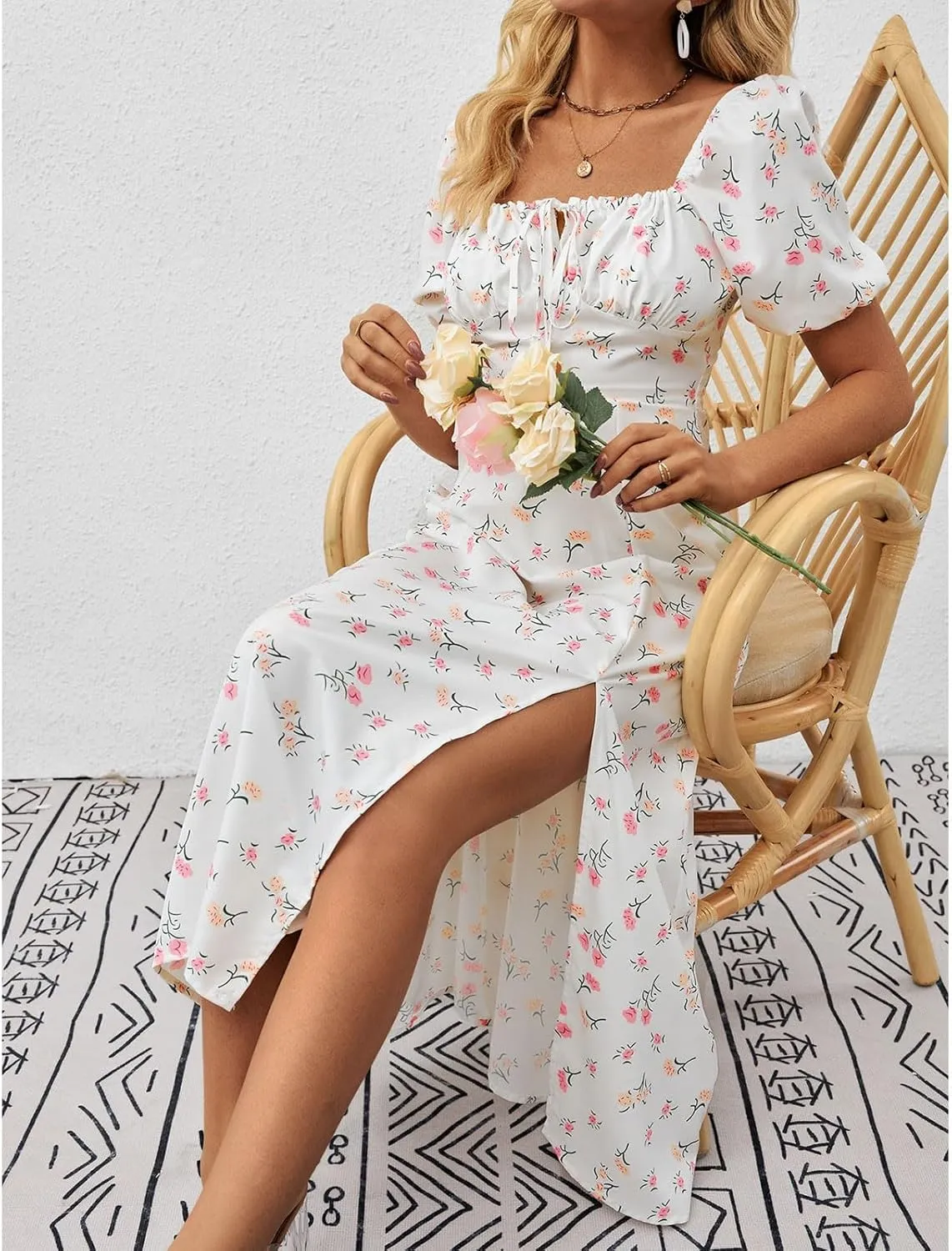 Ladies Floral Style Dress Midi Vacation Party Puff Short Sleeve Fashion Casual Side Slit Loose Fit Daily Wear Dresses