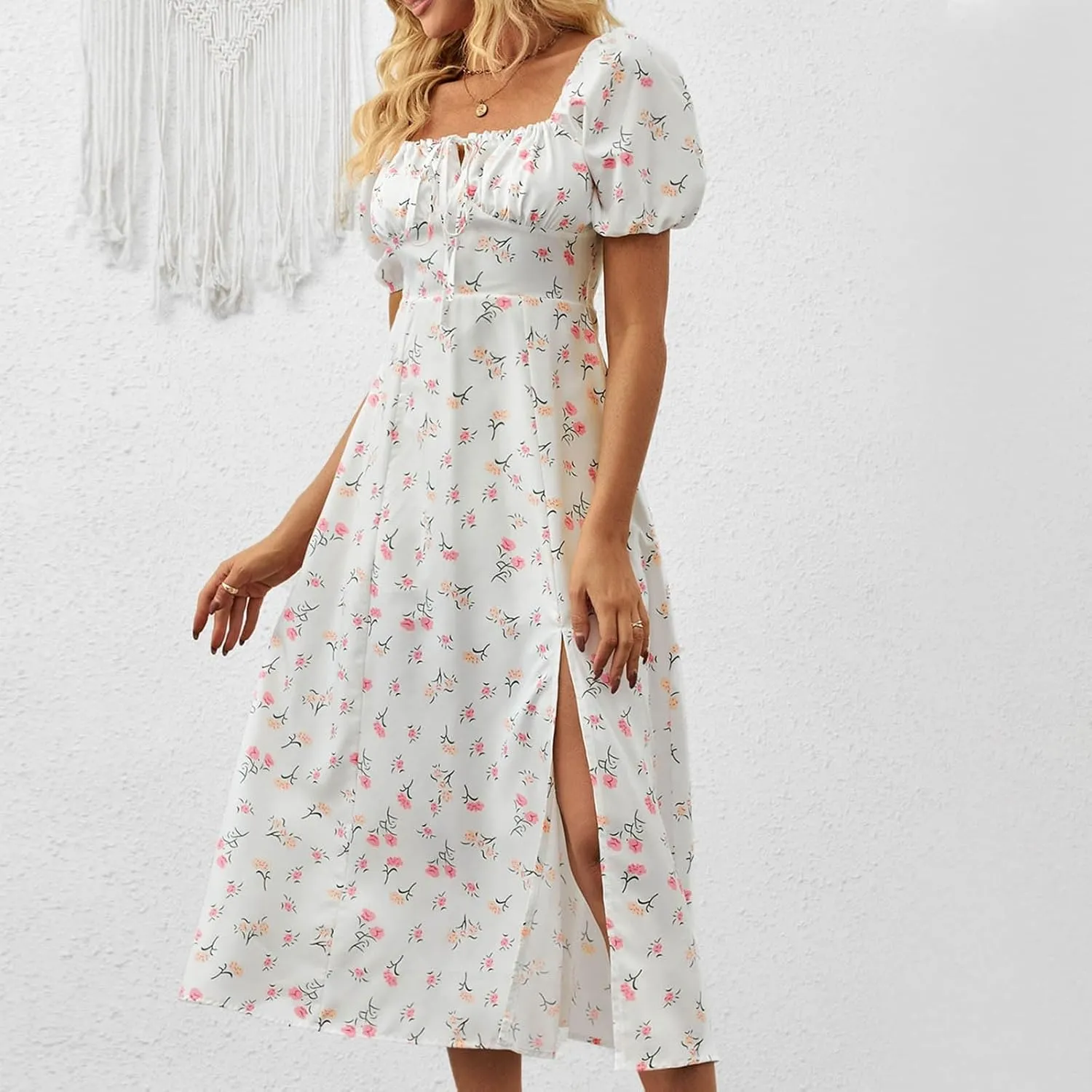 Ladies Floral Style Dress Midi Vacation Party Puff Short Sleeve Fashion Casual Side Slit Loose Fit Daily Wear Dresses