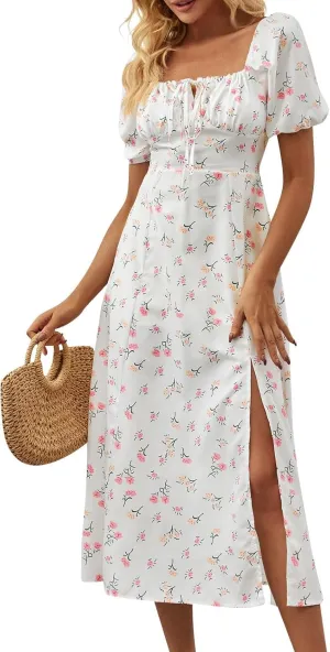 Ladies Floral Style Dress Midi Vacation Party Puff Short Sleeve Fashion Casual Side Slit Loose Fit Daily Wear Dresses