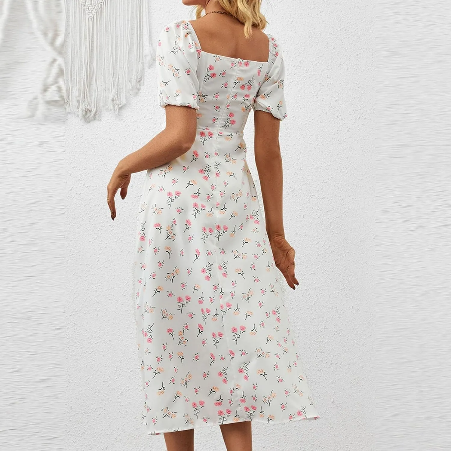 Ladies Floral Style Dress Midi Vacation Party Puff Short Sleeve Fashion Casual Side Slit Loose Fit Daily Wear Dresses