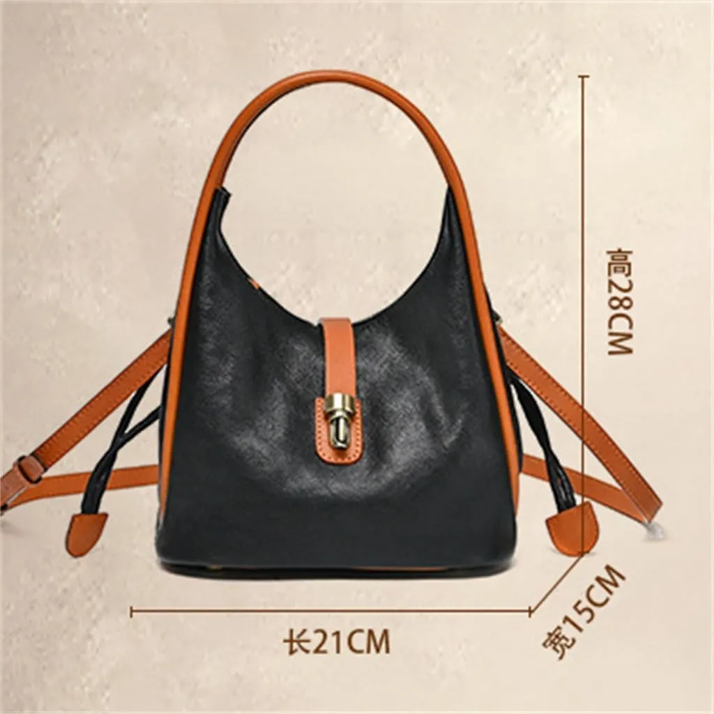 Ladies Handbag Retro Large Capacity Shoulder Crossbody Layer Cowhide Bucket Bag