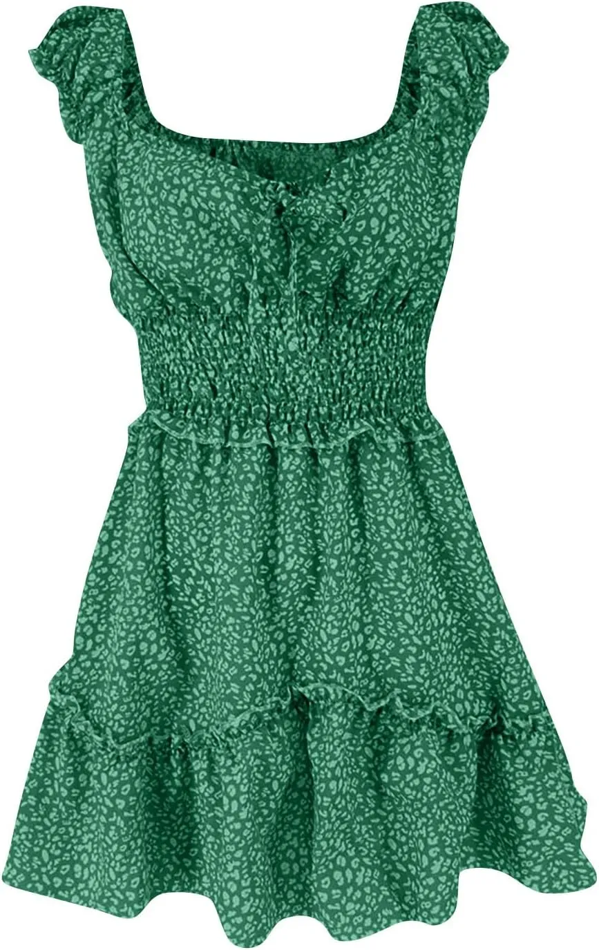 Ladies Sexy Floral Dresses Ruffle Summer Mini Loose Fit 2025 Short Sleeve Beach Daily Sundress with Tie Party Dress