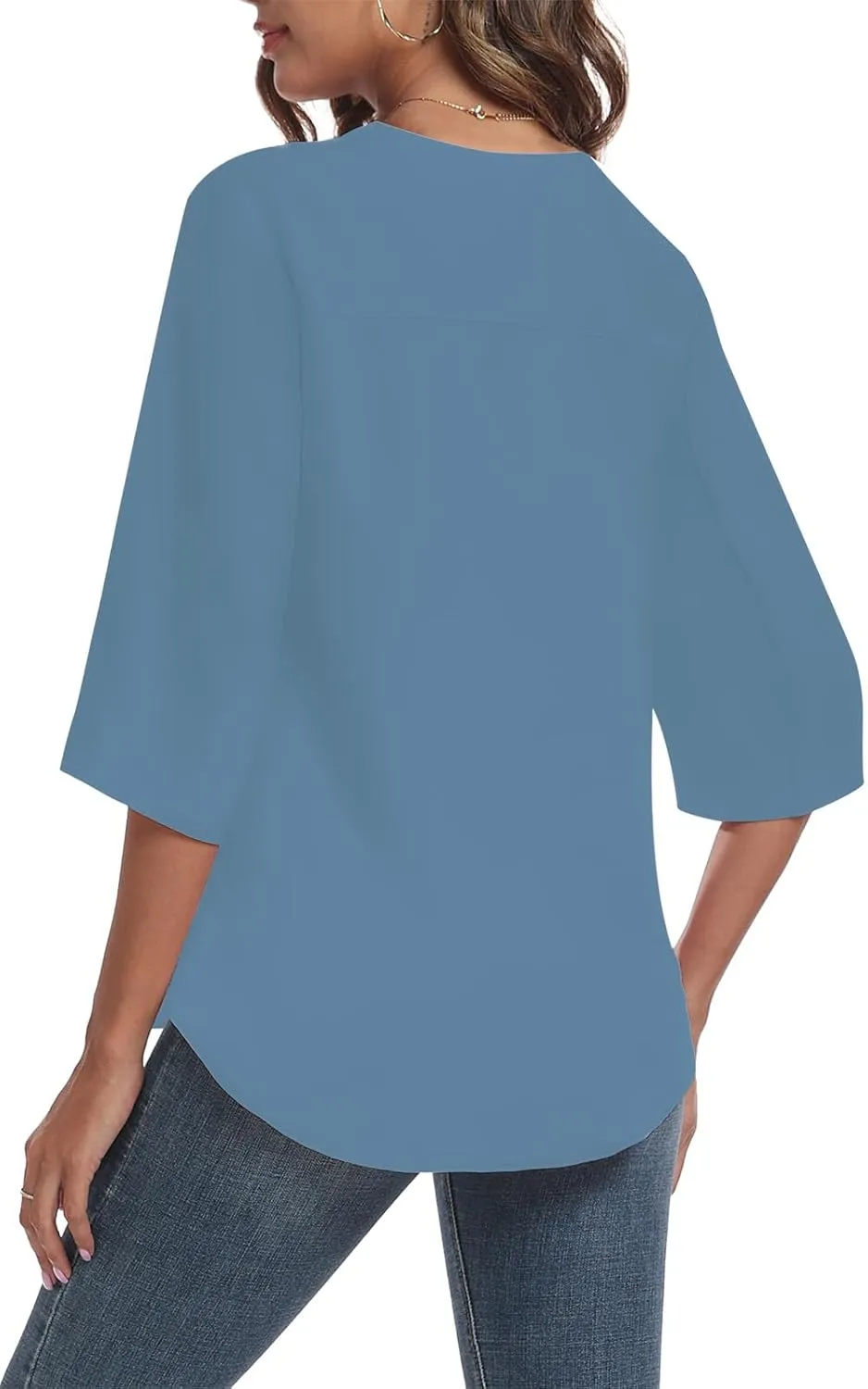 LAOLASI Womens Summer Chiffon Blouses 3/4 Sleeve V Neck Casual Loose Work Tops for Leggings 2025 Flowy Dressy Tshirts
