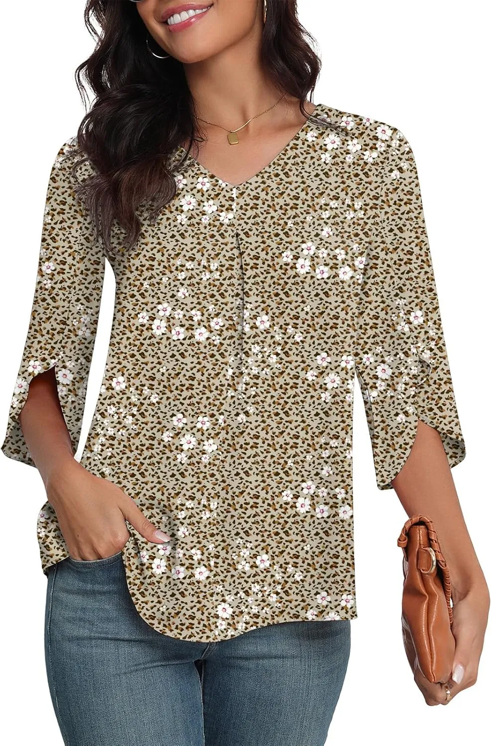LAOLASI Womens Summer Chiffon Blouses 3/4 Sleeve V Neck Casual Loose Work Tops for Leggings 2025 Flowy Dressy Tshirts