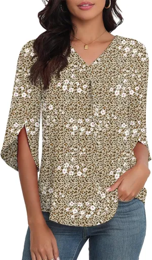 LAOLASI Womens Summer Chiffon Blouses 3/4 Sleeve V Neck Casual Loose Work Tops for Leggings 2025 Flowy Dressy Tshirts