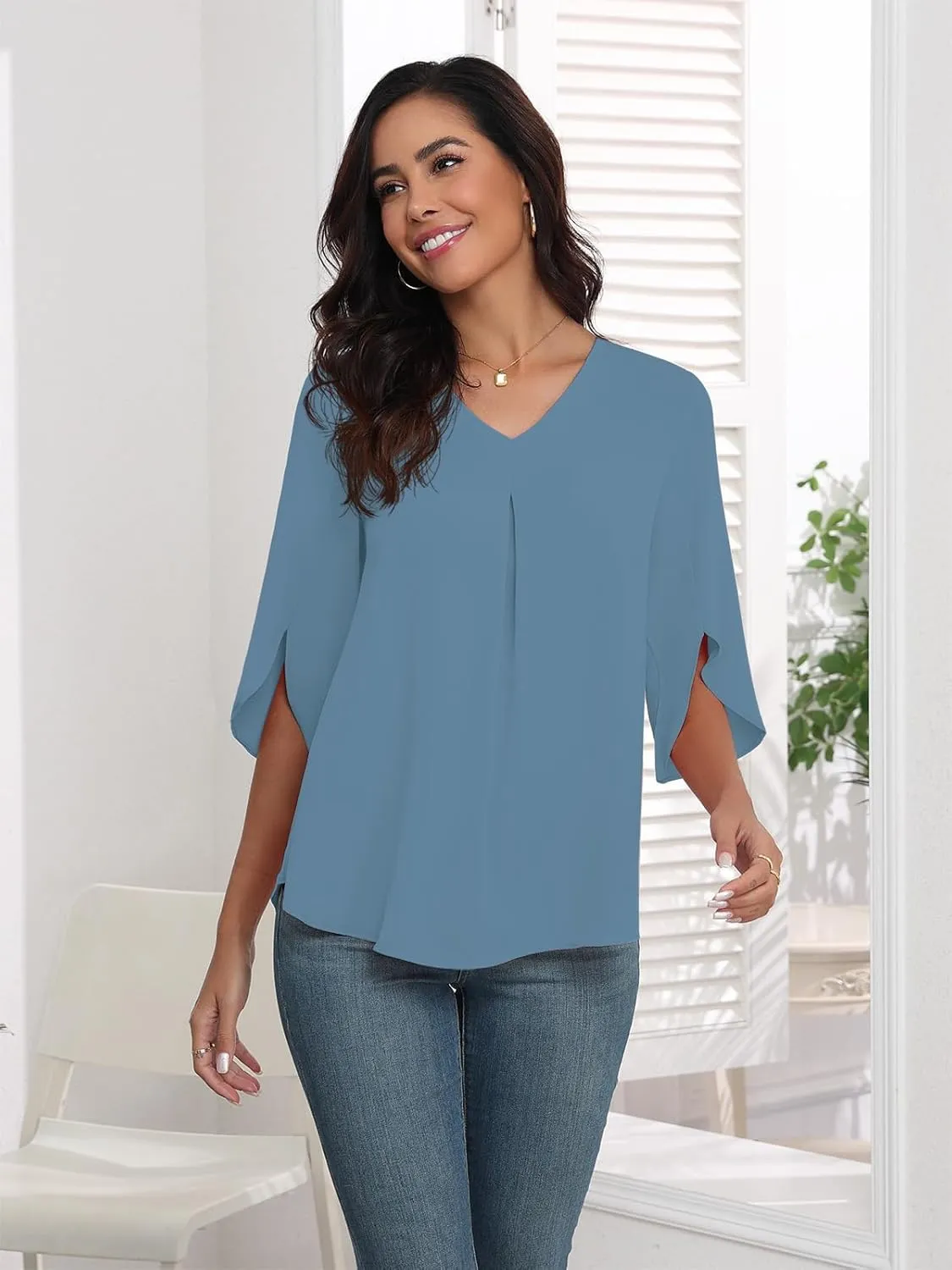 LAOLASI Womens Summer Chiffon Blouses 3/4 Sleeve V Neck Casual Loose Work Tops for Leggings 2025 Flowy Dressy Tshirts