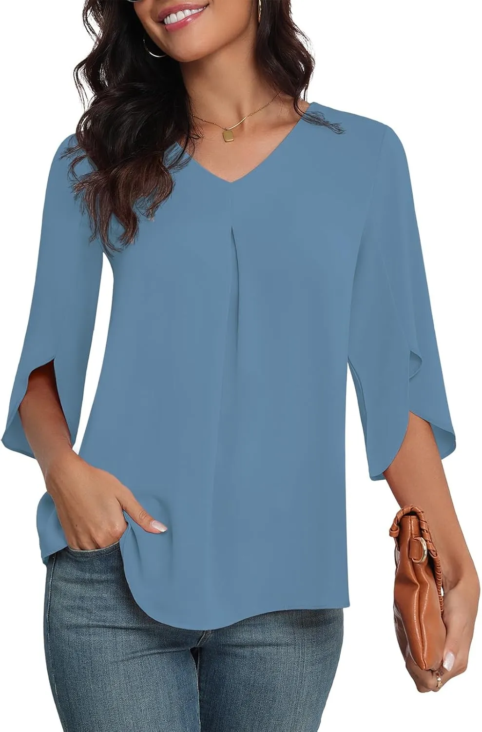 LAOLASI Womens Summer Chiffon Blouses 3/4 Sleeve V Neck Casual Loose Work Tops for Leggings 2025 Flowy Dressy Tshirts
