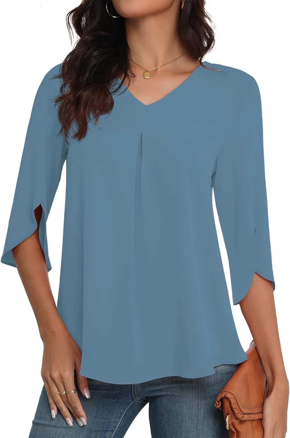 LAOLASI Womens Summer Chiffon Blouses 3/4 Sleeve V Neck Casual Loose Work Tops for Leggings 2025 Flowy Dressy Tshirts