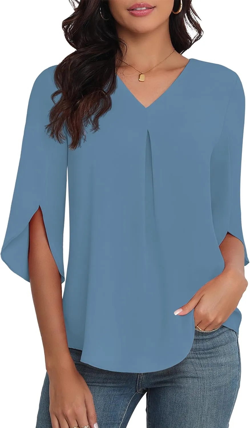 LAOLASI Womens Summer Chiffon Blouses 3/4 Sleeve V Neck Casual Loose Work Tops for Leggings 2025 Flowy Dressy Tshirts