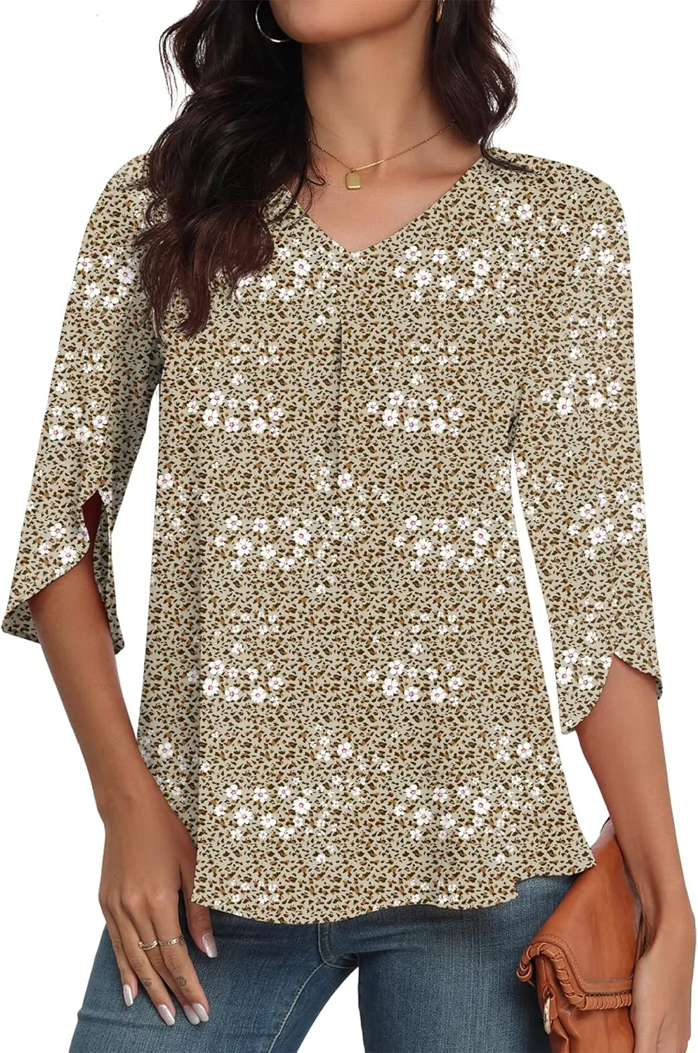 LAOLASI Womens Summer Chiffon Blouses 3/4 Sleeve V Neck Casual Loose Work Tops for Leggings 2025 Flowy Dressy Tshirts