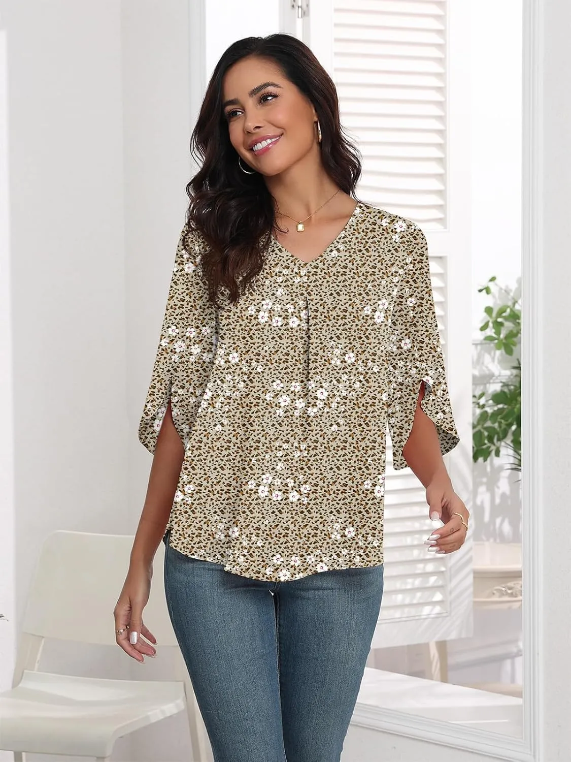 LAOLASI Womens Summer Chiffon Blouses 3/4 Sleeve V Neck Casual Loose Work Tops for Leggings 2025 Flowy Dressy Tshirts