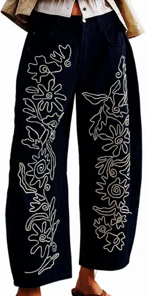 Leopard Pants Women Barrel Baggy Y2k Boyfriend Jeans Cheetah Print Jeans Mid Rise Embroidered Jean