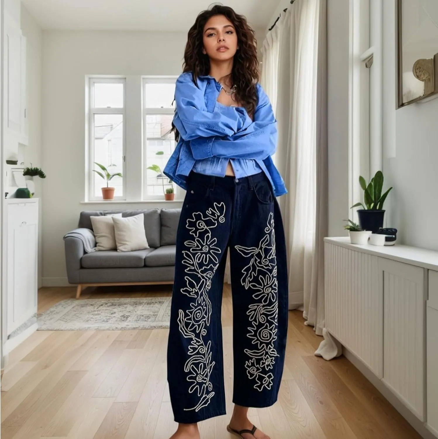 Leopard Pants Women Barrel Baggy Y2k Boyfriend Jeans Cheetah Print Jeans Mid Rise Embroidered Jean