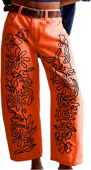 Leopard Pants Women Barrel Baggy Y2k Boyfriend Jeans Cheetah Print Jeans Mid Rise Embroidered Jean