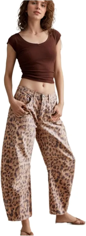 Leopard Pants Women Barrel Baggy Y2k Boyfriend Jeans Cheetah Print Jeans Mid Rise Embroidered Jean