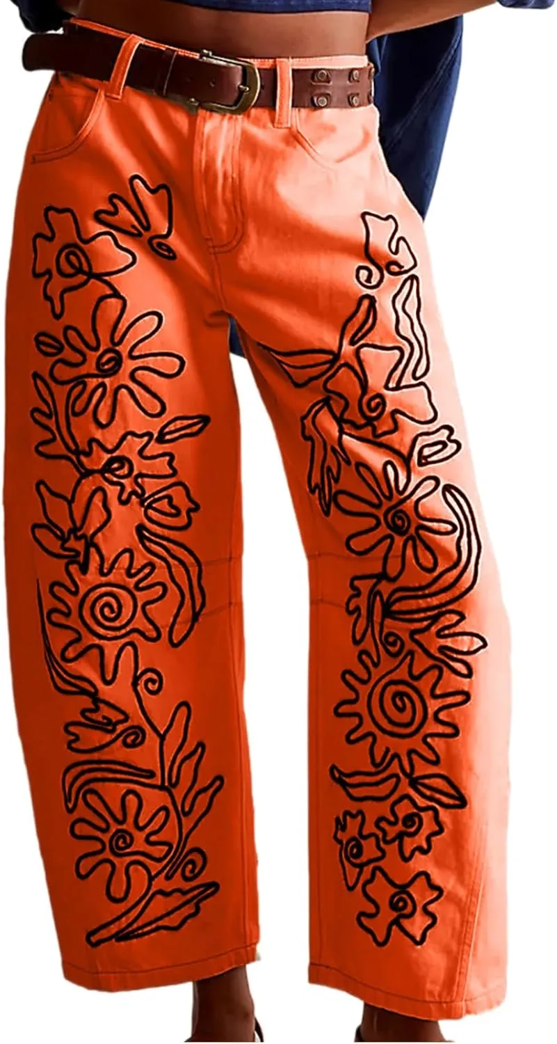 Leopard Pants Women Barrel Baggy Y2k Boyfriend Jeans Cheetah Print Jeans Mid Rise Embroidered Jean