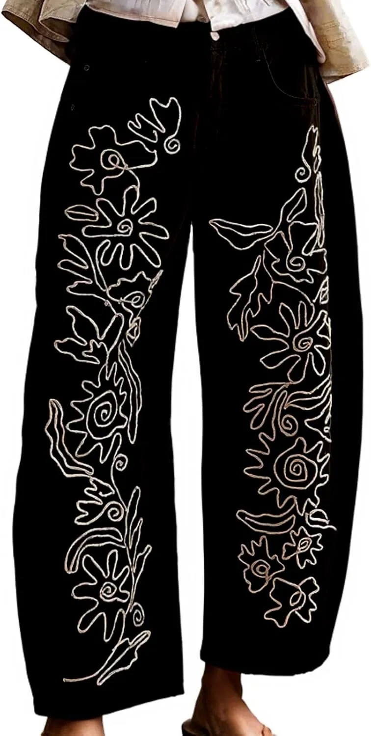 Leopard Pants Women Barrel Baggy Y2k Boyfriend Jeans Cheetah Print Jeans Mid Rise Embroidered Jean