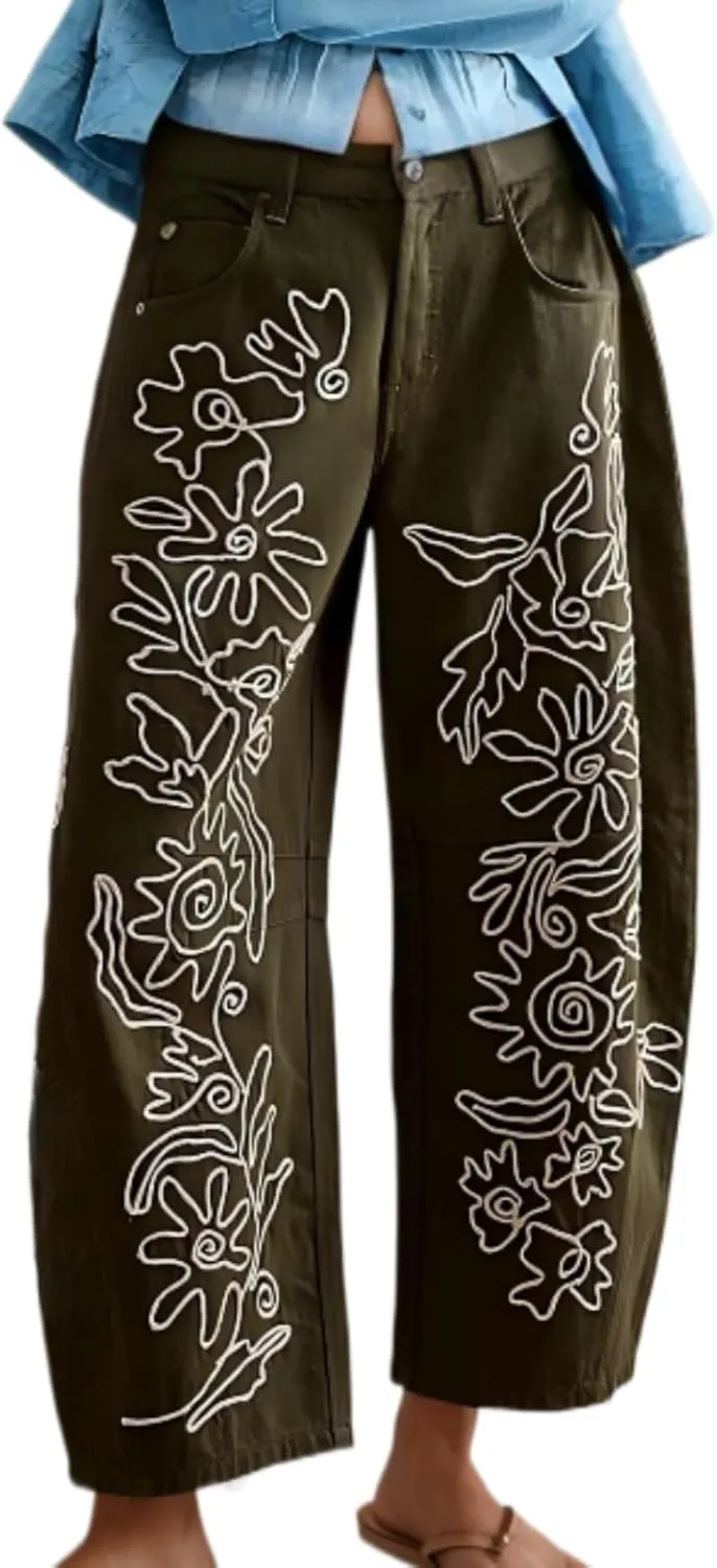 Leopard Pants Women Barrel Baggy Y2k Boyfriend Jeans Cheetah Print Jeans Mid Rise Embroidered Jean