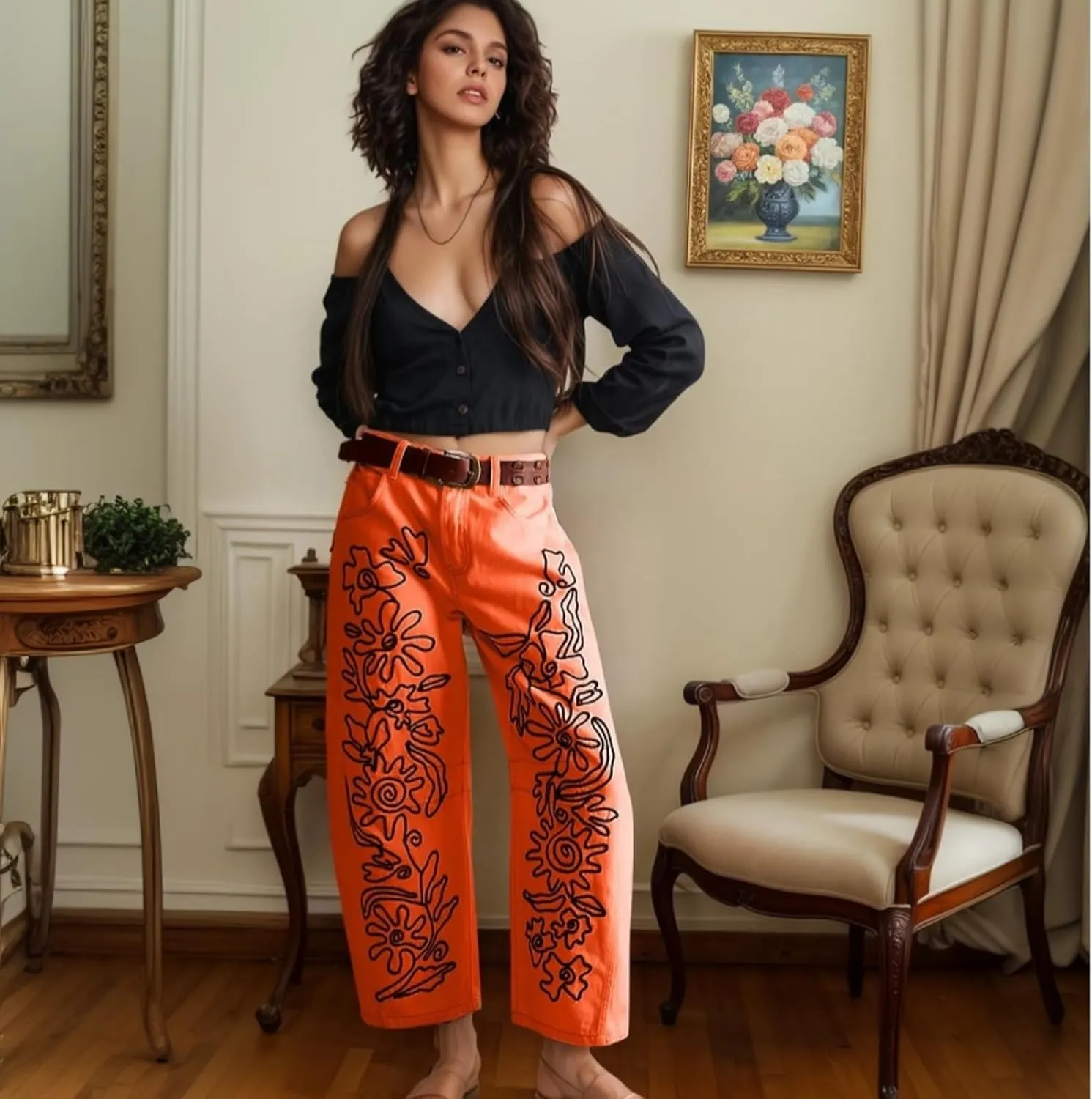 Leopard Pants Women Barrel Baggy Y2k Boyfriend Jeans Cheetah Print Jeans Mid Rise Embroidered Jean