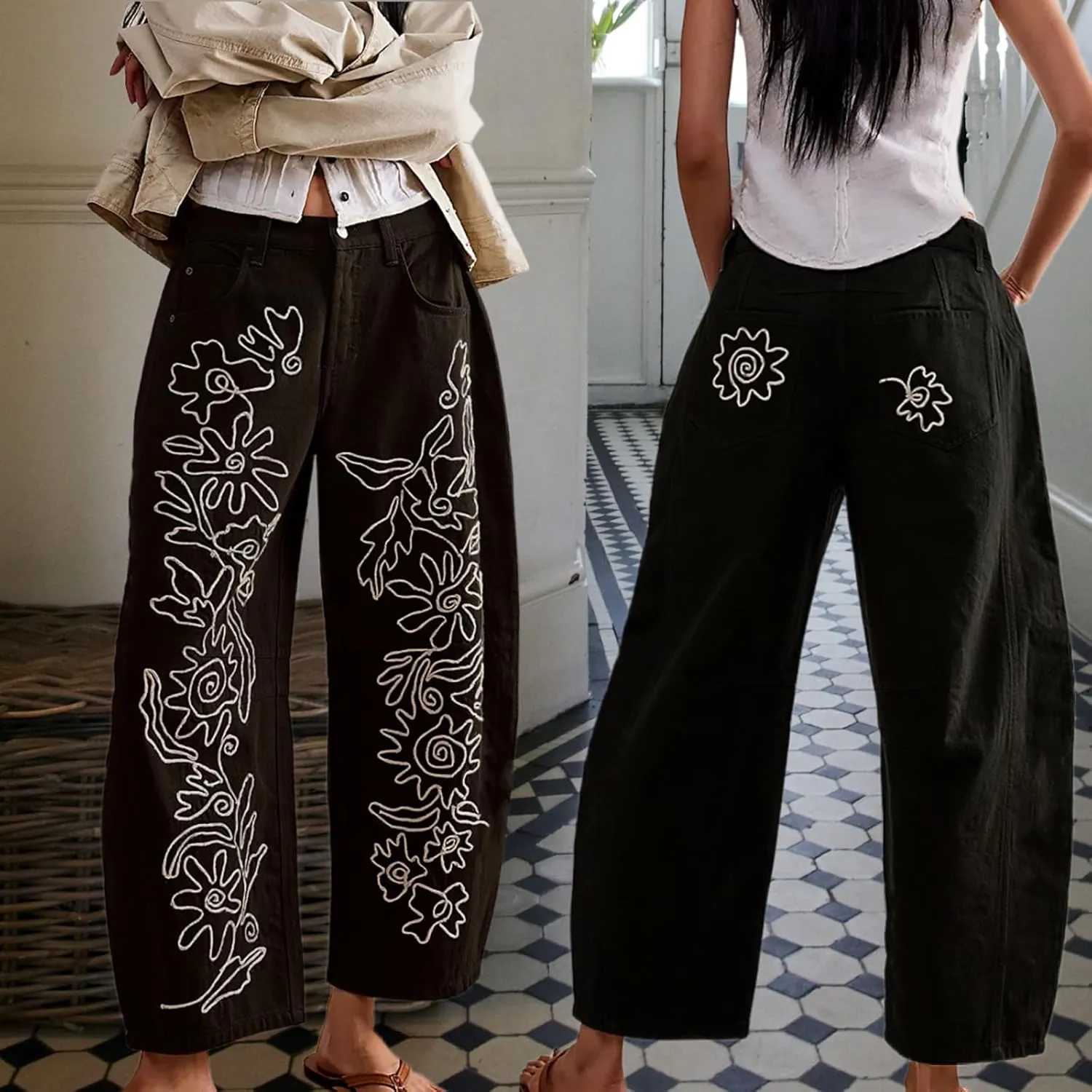 Leopard Pants Women Barrel Baggy Y2k Boyfriend Jeans Cheetah Print Jeans Mid Rise Embroidered Jean