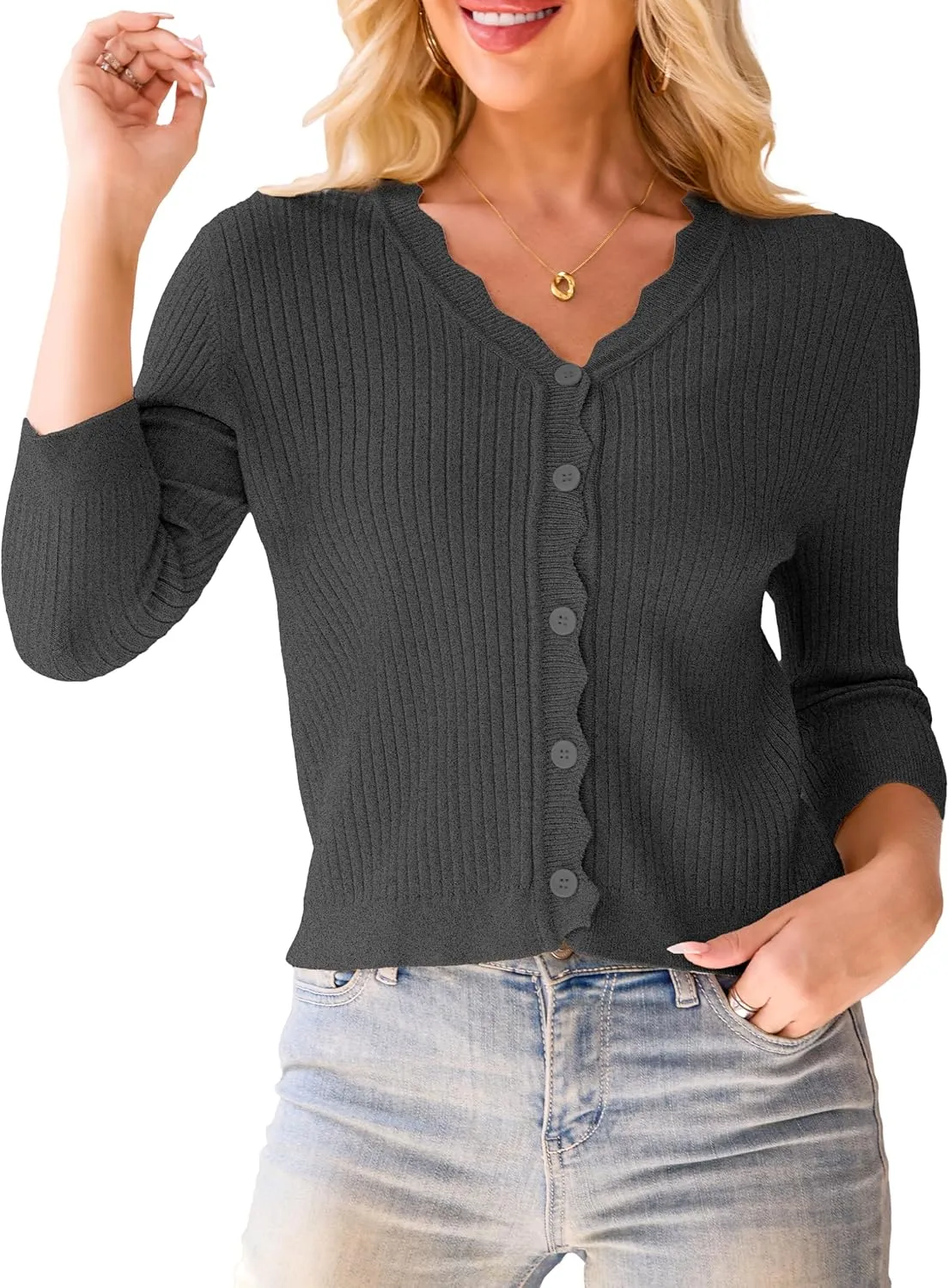 LIENRIDY Women's Cropped Cardigan Shrugs 3/4 Sleeve Button Down Ribbed Knit Sweater