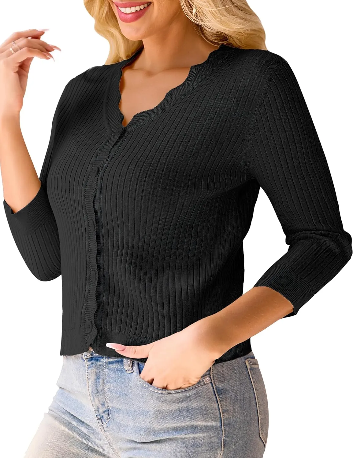 LIENRIDY Women's Cropped Cardigan Shrugs 3/4 Sleeve Button Down Ribbed Knit Sweater