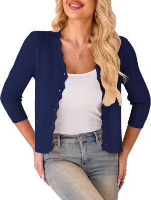 LIENRIDY Women's Cropped Cardigan Shrugs 3/4 Sleeve Button Down Ribbed Knit Sweater