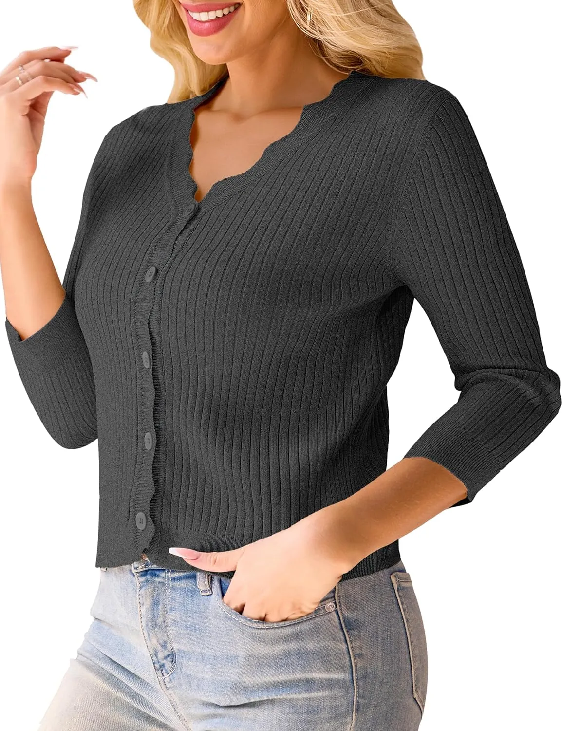 LIENRIDY Women's Cropped Cardigan Shrugs 3/4 Sleeve Button Down Ribbed Knit Sweater