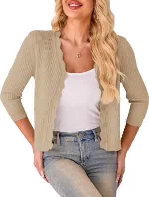 LIENRIDY Women's Cropped Cardigan Shrugs 3/4 Sleeve Button Down Ribbed Knit Sweater