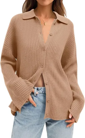 LILLUSORY Women's Cardigan 2023 Long Sleeve Button Down Sweater Shirts Lightweight Collared Loose Cozy Knit Tops