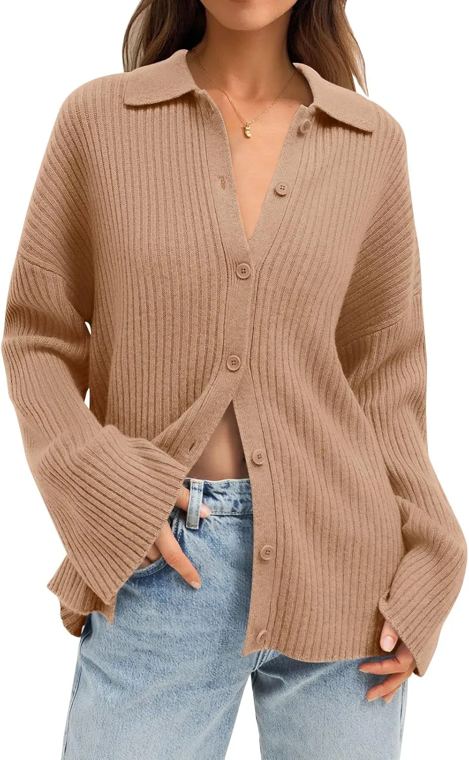 LILLUSORY Women's Cardigan 2023 Long Sleeve Button Down Sweater Shirts Lightweight Collared Loose Cozy Knit Tops