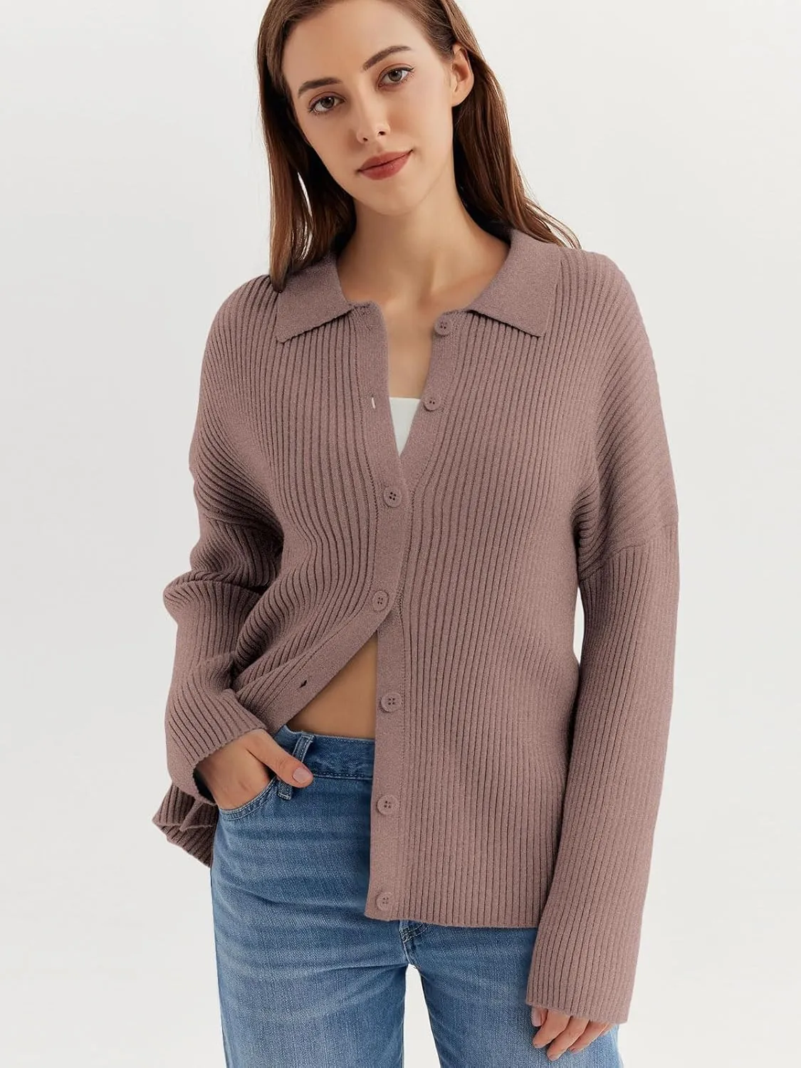 LILLUSORY Women's Cardigan 2023 Long Sleeve Button Down Sweater Shirts Lightweight Collared Loose Cozy Knit Tops