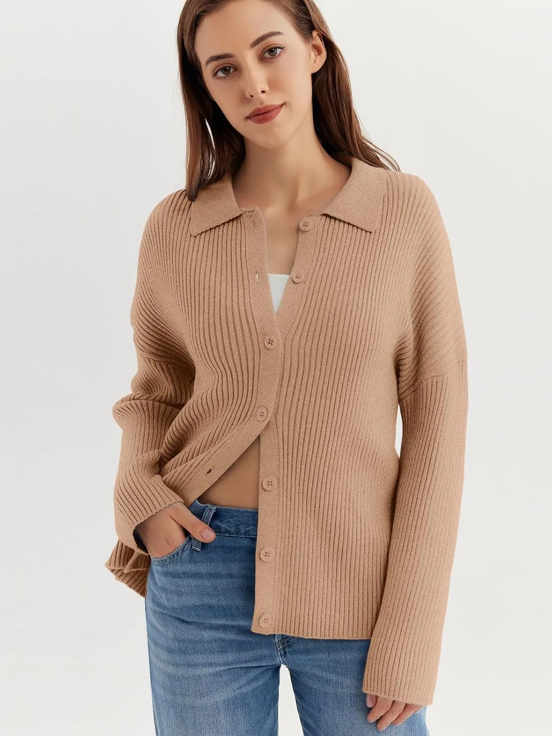 LILLUSORY Women's Cardigan 2023 Long Sleeve Button Down Sweater Shirts Lightweight Collared Loose Cozy Knit Tops