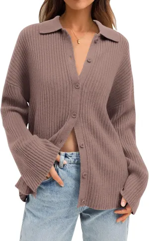 LILLUSORY Women's Cardigan 2023 Long Sleeve Button Down Sweater Shirts Lightweight Collared Loose Cozy Knit Tops