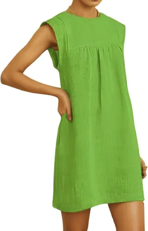 Linen Dress Women Cotton Linen Sleeveless Dress Casual Crew Neck Tank Mini Dresses Loose Beach Sundress